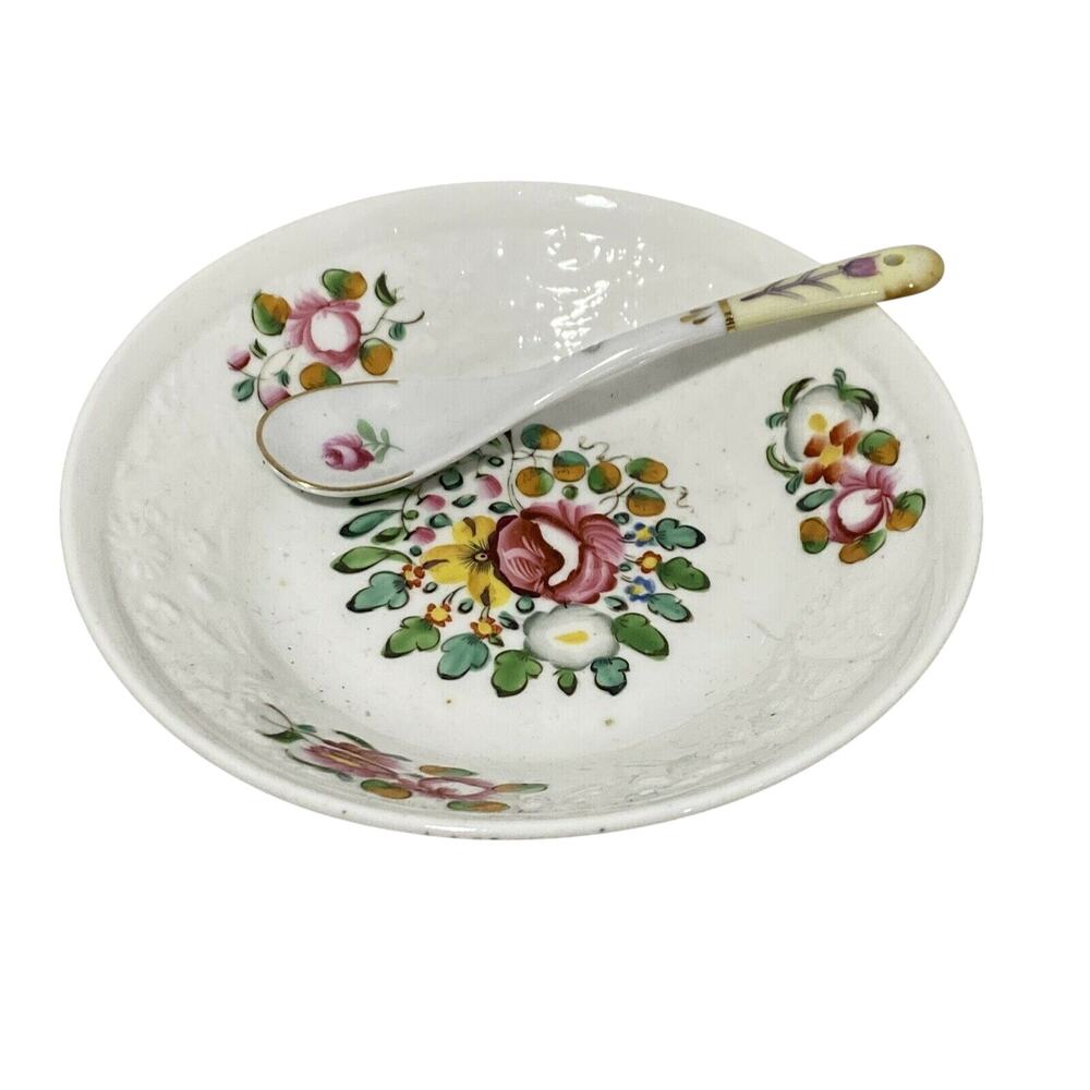 Hand painted white ceramic sauce bowl & spoon mayo dip dish condiment server